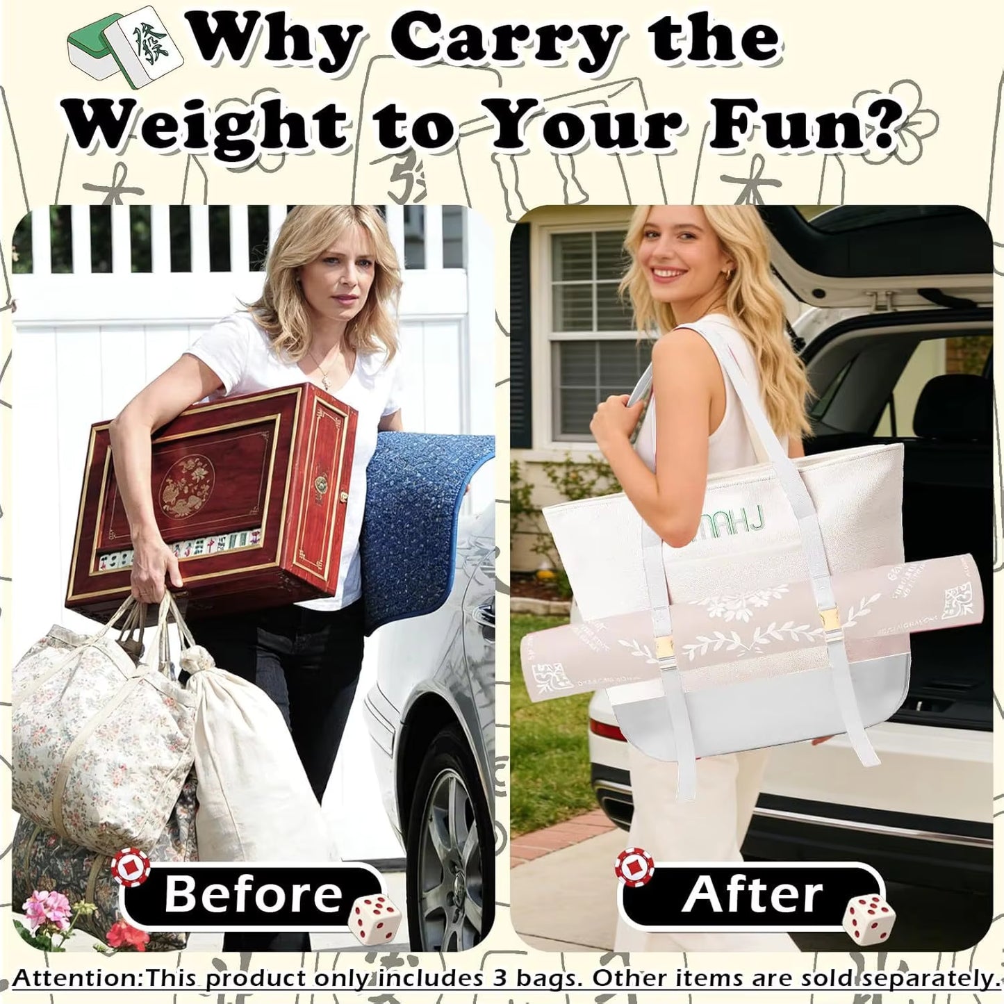 Valcrest™ Canvas American Mahjong Carry Bag Set – 3 Pieces